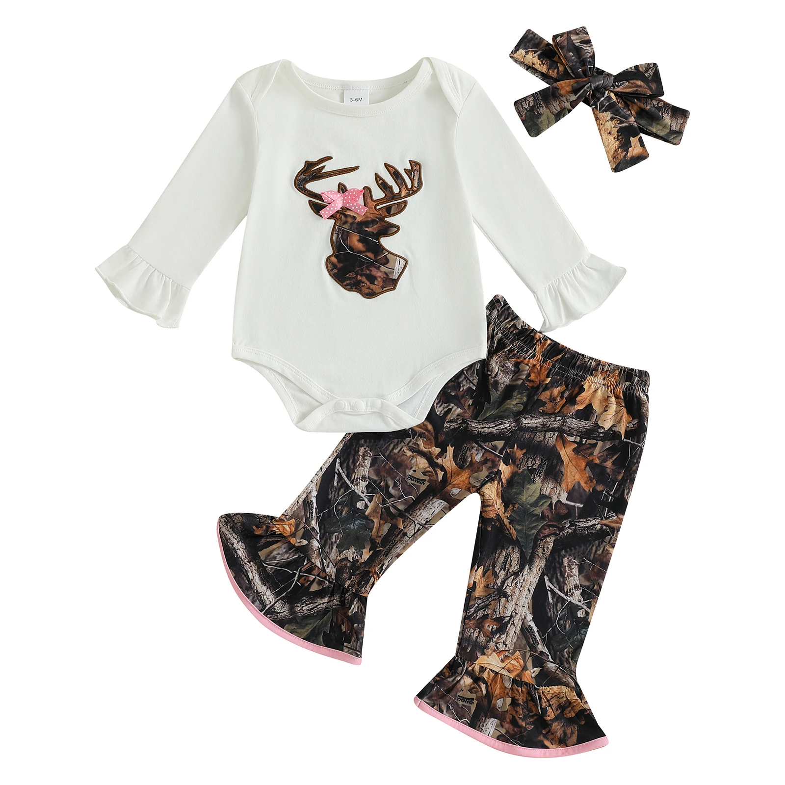 

Baby Girl Fall Clothes Reindeer Head Embroidery Long Sleeve Romper Print Flare Pants and Headband 3Pcs Outfit