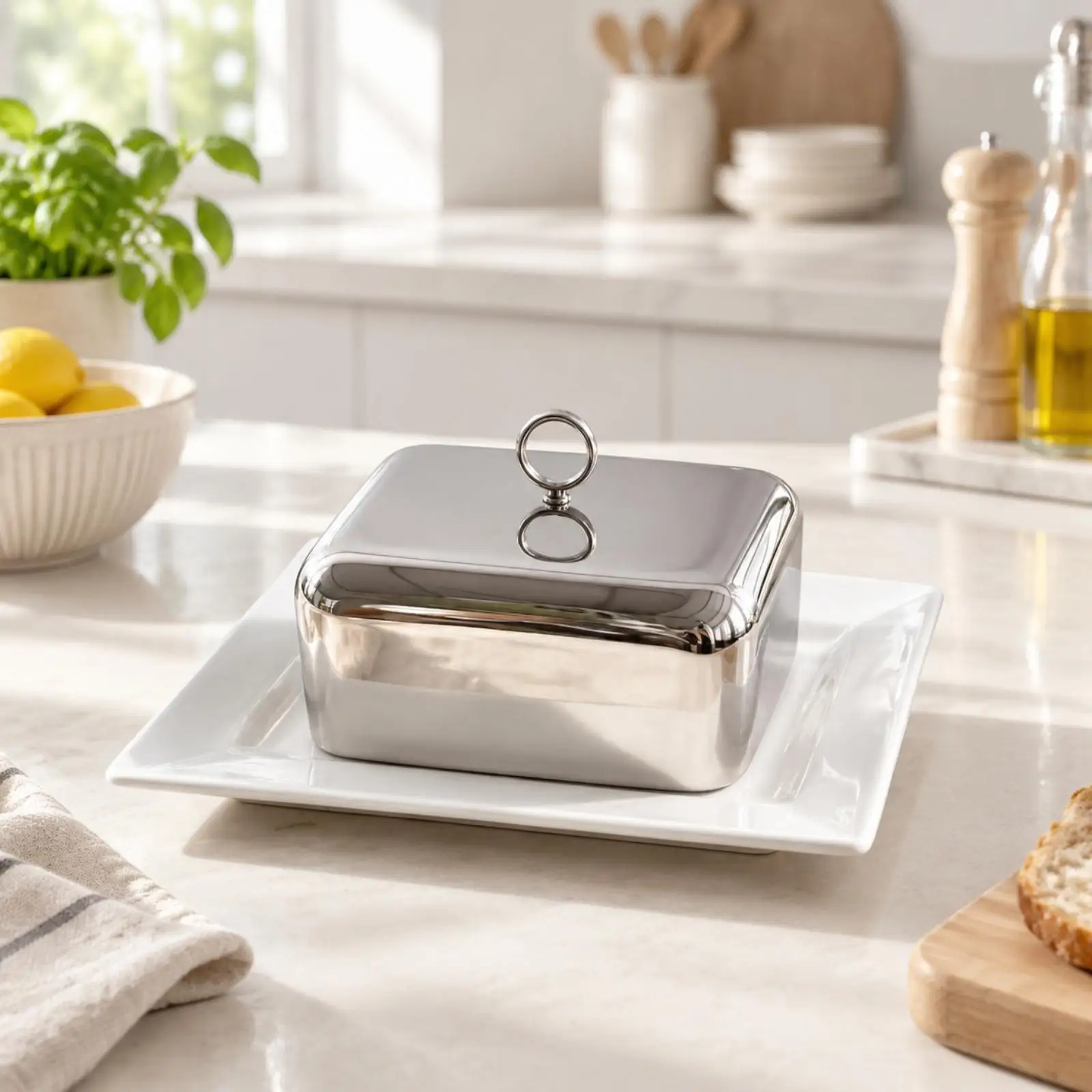 Durable Metal Butter Dish Lid with Detachable Ceramic Plate for Pastry and Small Food Serving