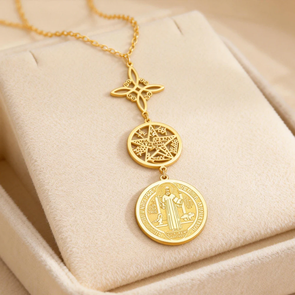 Dreifache Schutzhalskette mit Hexenknoten, Pentagramm, Tetragrammaton, St. Benedikt, Edelstahl, spirituelles Symbol, Amulett, Schmuck – Detail 4