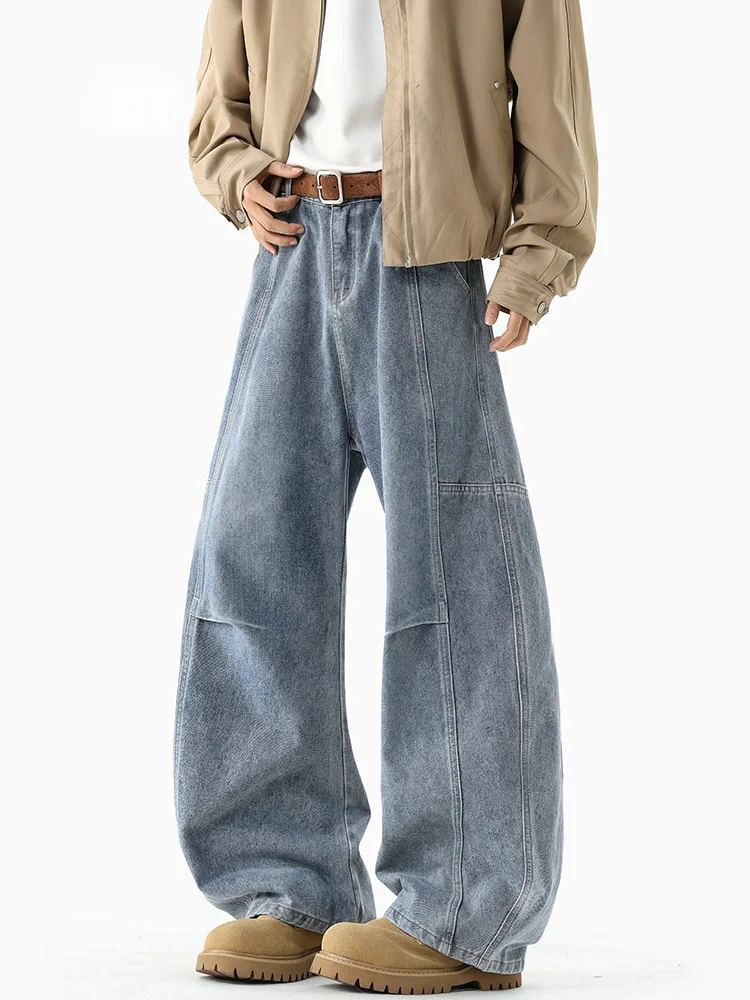 

MMOPTOP American Style Washed Wide Leg Jeans Men's Spring Summer Loose Straight Cut Long Trousers Trendy Youth Cotton Jeans