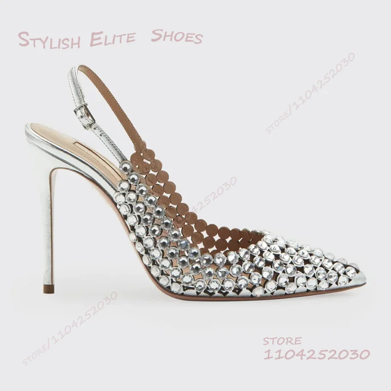Silver Inlaid Shiny Crystal Hot Diamond Open Heel Pump Girl Party Black Diamond Pointed Stiletto Sandal Summer Dress Hollow Shoe