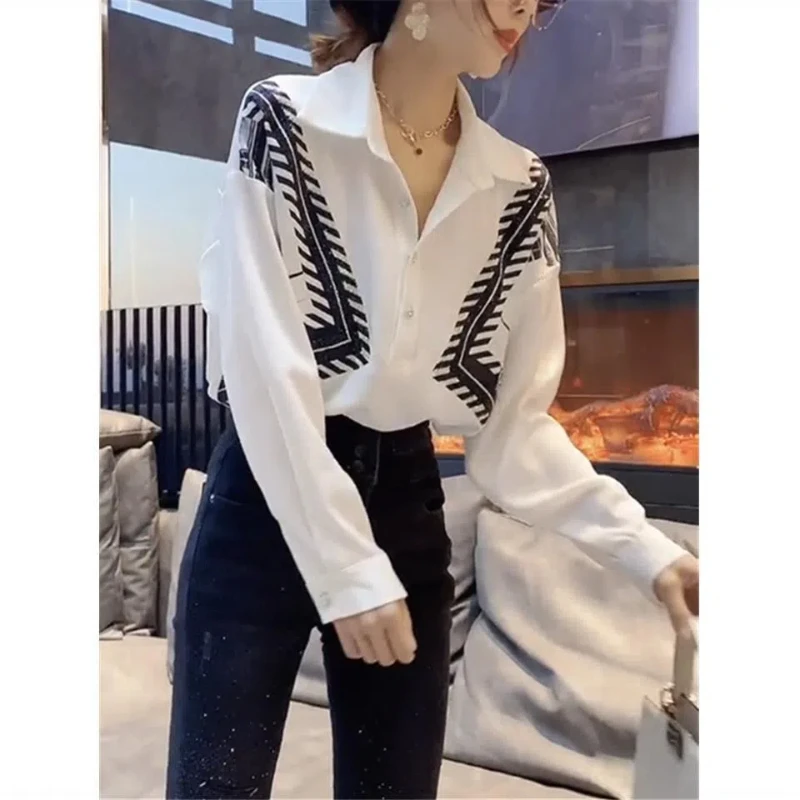 2024 Spring  Autumn New Polo Neck Chiffon Office Women Shirts Vintage Patchwork Printing Tops Long Sleeve Casual Elegant Shirt