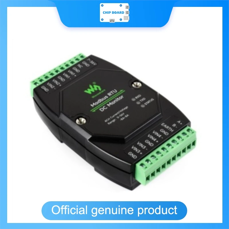 Waveshare 4-Ch Industrial DC Monitor Module, 16-Bit Precision, Measures Voltage & Current, Compatible with Modbus RTU