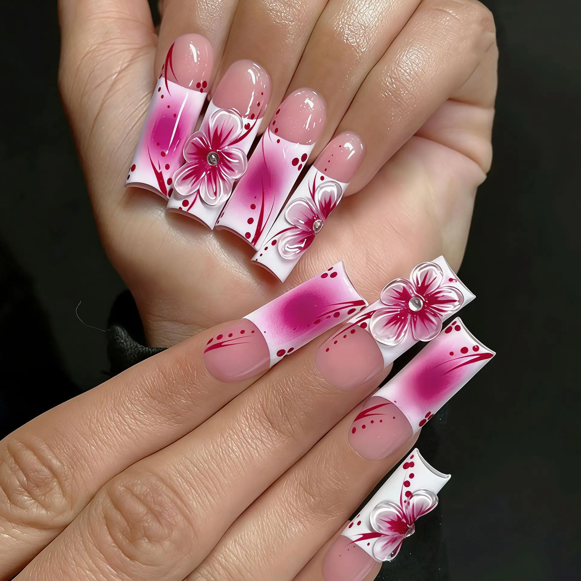 

24pcs Flower Stripe Press on Fake Nails Pink Smudge Long Square Full Cover Nail White French False Nails Retro Acrylic Manicure