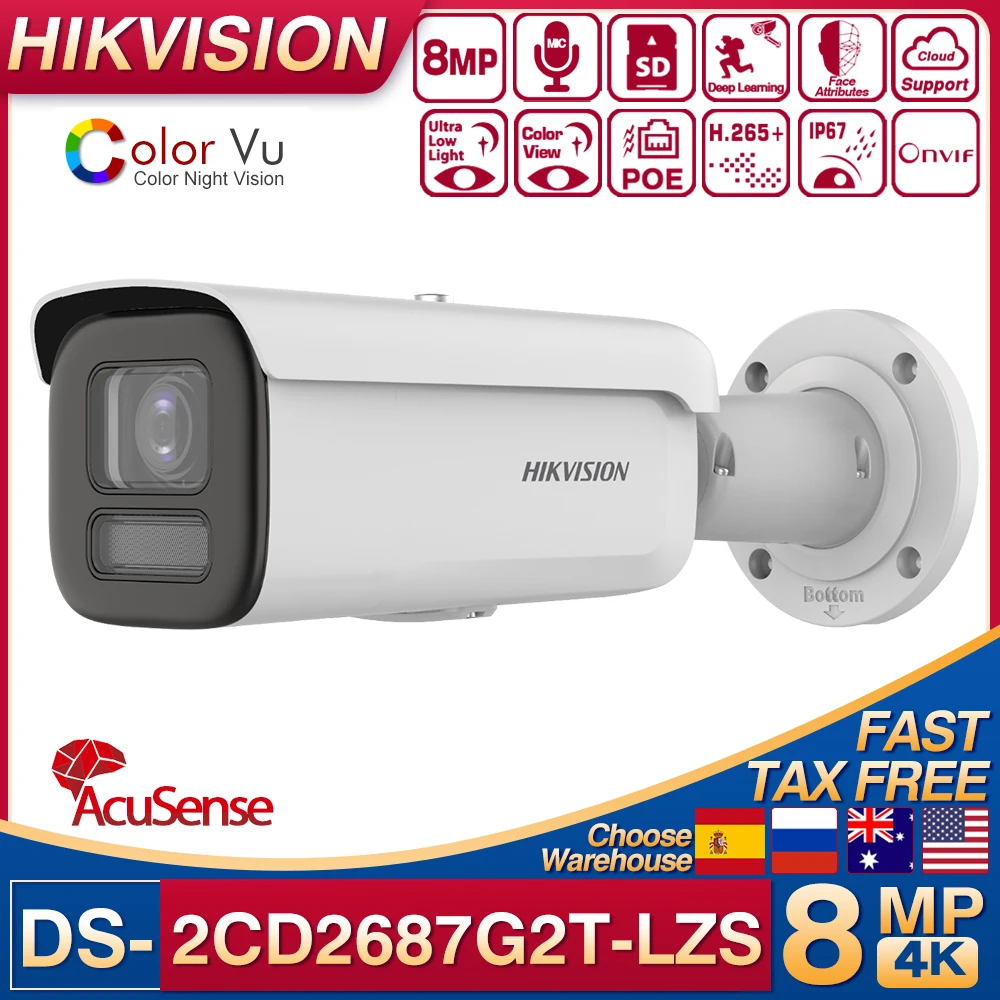 Hikvison 8MP 4K POE ColorVu IP Camera DS-2CD2687G2T-LZS IP67 IK10 AcuSense Motorize Varifocal Bullet 4X Zoom Home Surveillance