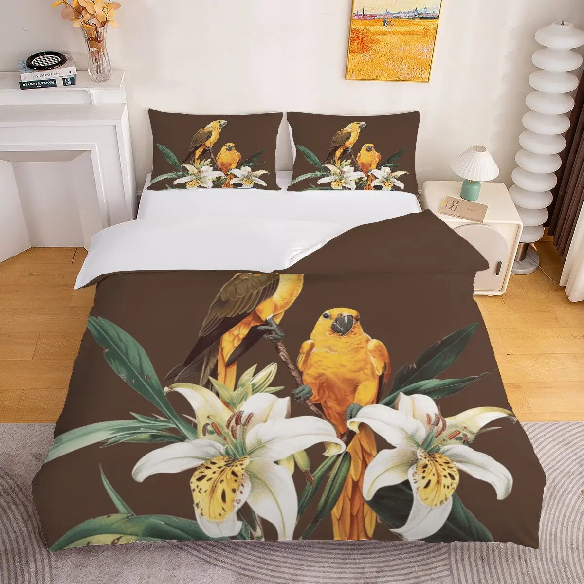 

Пуховое пододеяльник с желтыми попугаями, большой размер, комплект пододеяльников с цветами и попугаями, 1 пододеяльник и 2 наволочки