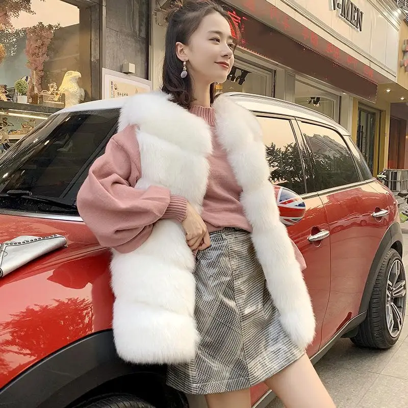 New Luxury Faux Fox Fur Vest Women Furry Short Faux Fur Vests Coat Fur Gilet Fourrure Autumn Winter Overcoat