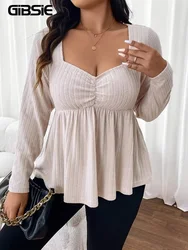 GIBSIE Plus Size Sweetheart Neck Solid Peplum Blouse Women Spring Fall Long Sleeve American Elegant Style Slim Short Top
