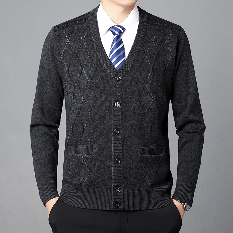 2023 Men's Cardigan Non Plush Fashion Casual Long Sleeved Sweater Warm V-neck Cardigan Coats