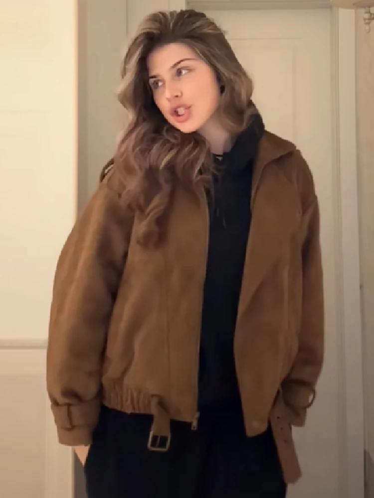 Women Vintage Soft Faux Suede Fabric Asymmetric Zip Coat Oversized Aviator Bomber Jacket Buckle Belt Elastic Hem Loose Outerwear