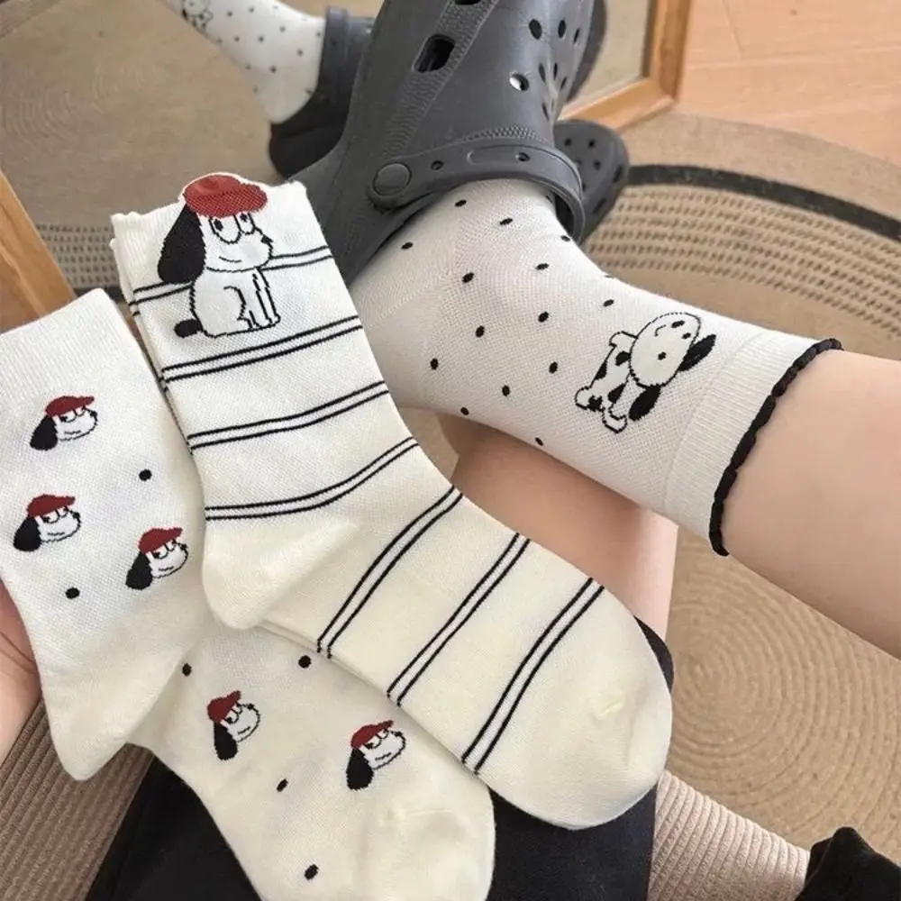 Dots Cartoon Dog Ankle Short Socks Patchwork Female Hosiery Cartoon Cat Mid Tube Socks Cotton Ins Women's Summer Stripe Socks