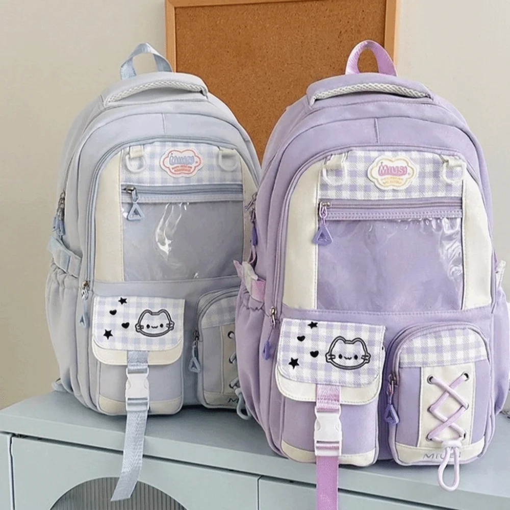 Preppy Style Multi-Compartment School Backpack Lightweight Multi-Pocket Rucksack Large Capacity Zipper Plaid Color Block Daypack