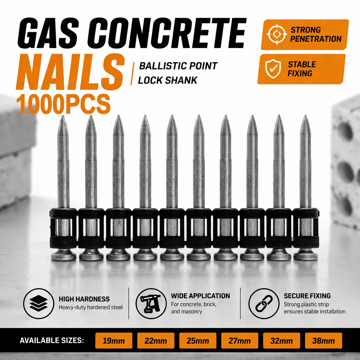 

Plastic Strip Concrete Nail Pins 1000PCS 3.0mm Steel Fastening Pins 19-38mm For Cordless Nail Gun Installation