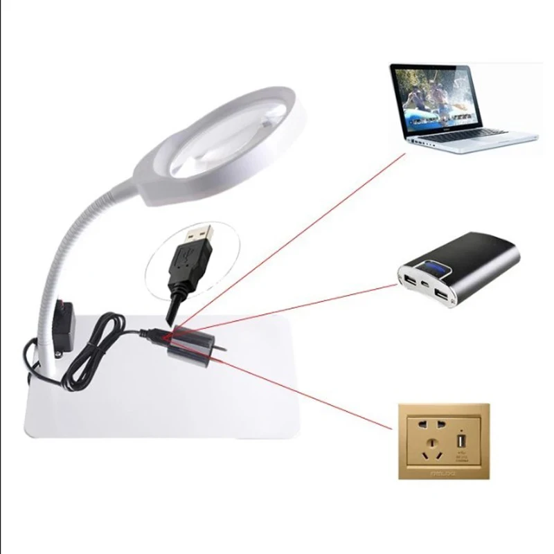 Lupa iluminadora de lente grande 5X 8X 10X, lámpara de lupa de escritorio Flexible, herramientas de reparación con USB, venta al por mayor