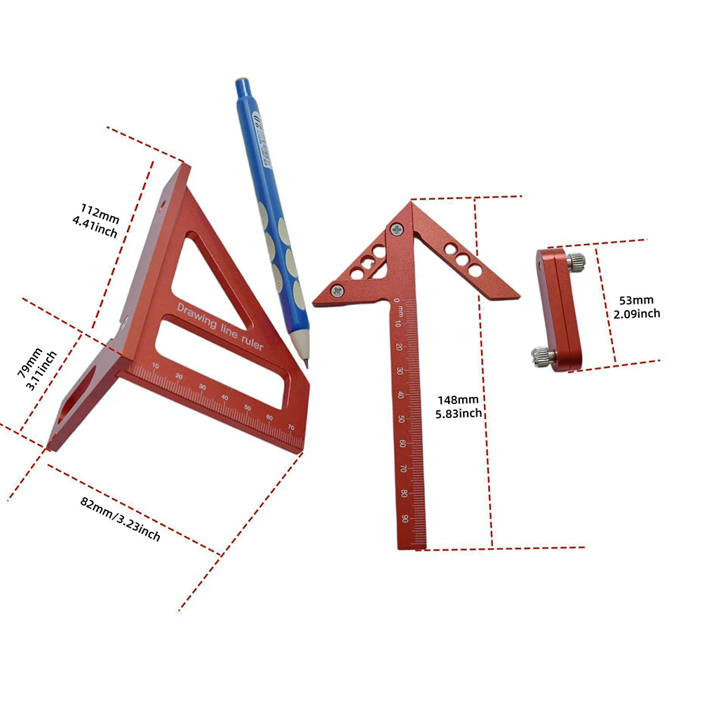 200mm Heavy-Duty Angle Measuring Ruler Aluminum Alloy for Carpentry Engineering with T-Scale Square Round Hole Features