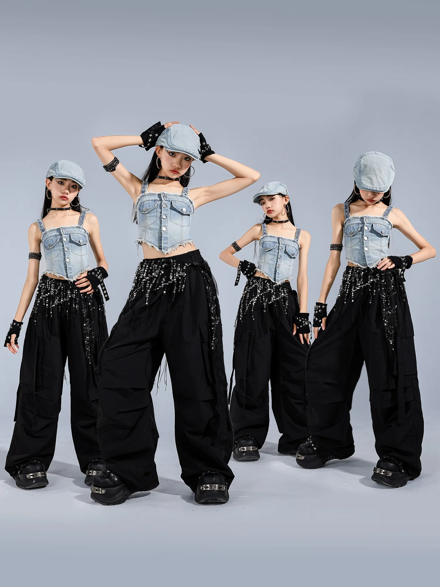 Summer Jazz Dance Clothes Girls Denim Vest Black Hiphop Pants Street Dance Perofrmance Outfits Kids Group Stage Clothing BL16695