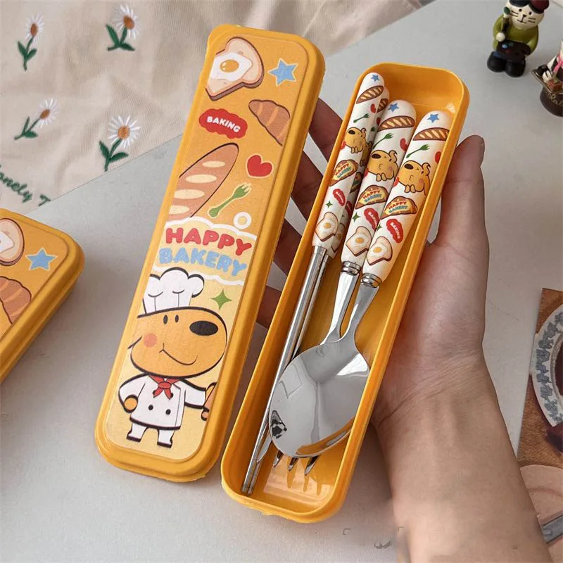 Anpanman Set di stoviglie in acciaio inossidabile Cartoon Kawaii Forks cucchiai Cute Student Portable stoviglie Storage Box regalo per bambini