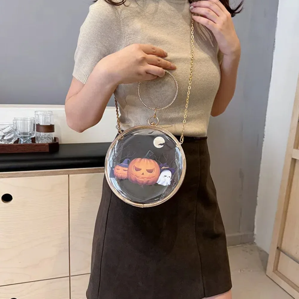 

Durable Pumpkin Halloween Round Handbag Printed Alloy PVC Transparent Pouch Waterproof Anti-lost Doll Hanging Pouch Christmas