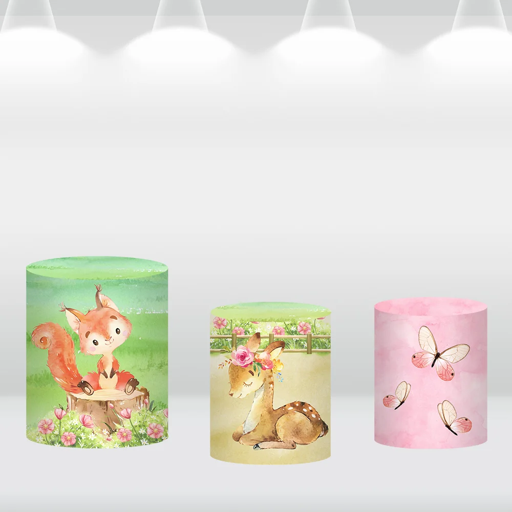 Fondo circular redondo para niñas, jardín de primavera, Hada, decoración de cumpleaños, animales del bosque, zorro, ciervo, princesa, cubiertas cilíndricas