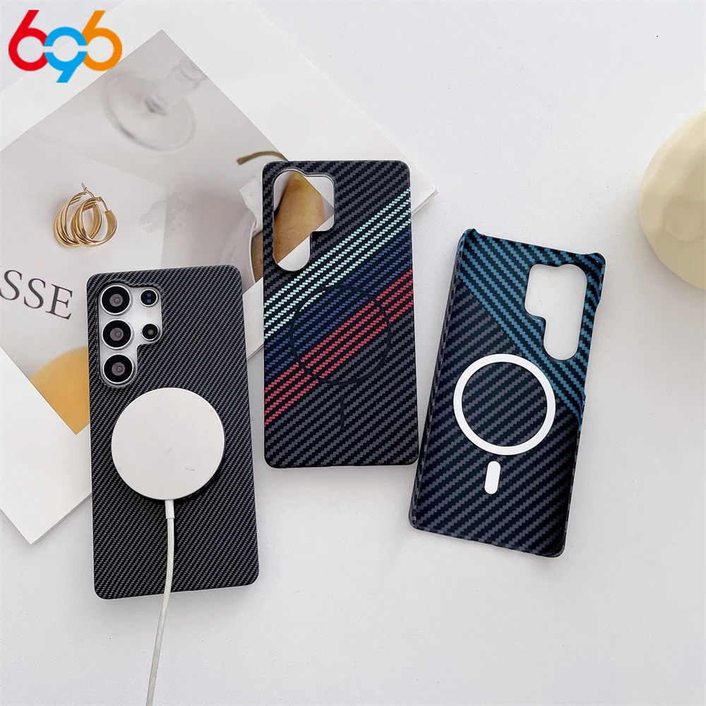 Simple Luxury Slim Half Pack Carbon Fibre Magnetic Case For Samsung S25 S24 S23 S22 Ultra Hard Cover Wireless Charging Non-slip