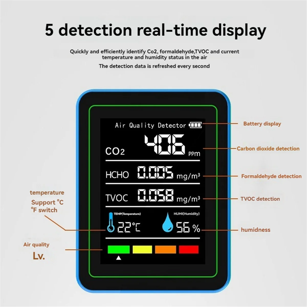 

5 в 1 монитор качества воздуха TVOC HCHO датчик температуры и влажности CO2, USB Перезаряжаемый детектор CO2 черный