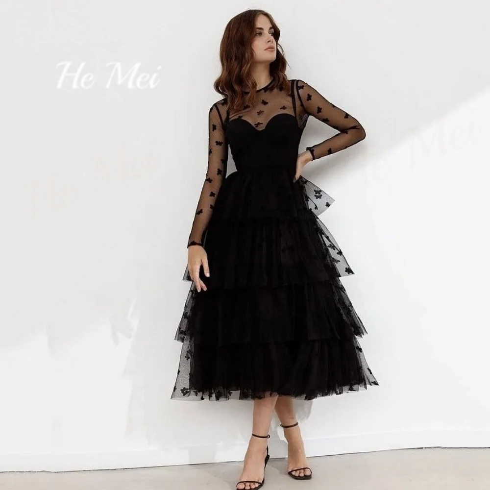 Prom Gowns For Women Tulle Romantic O-Neck A Line Evening Dresses Long Sleeves Mid Calf Length Party Dress فساتين السهرة