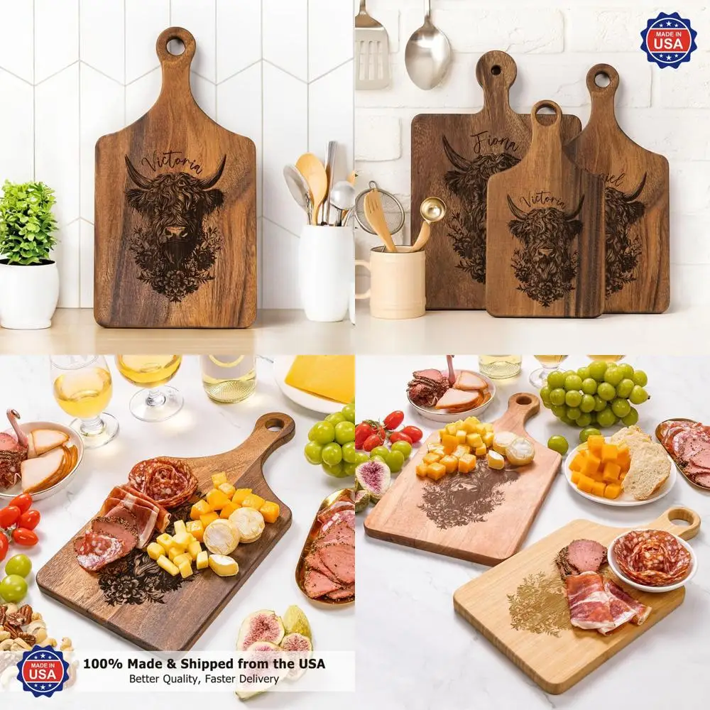 

Customized Highland Cow Design Wooden Chopping Board with Handle, Reversible Engraved Serving Tray for Kitchen Use