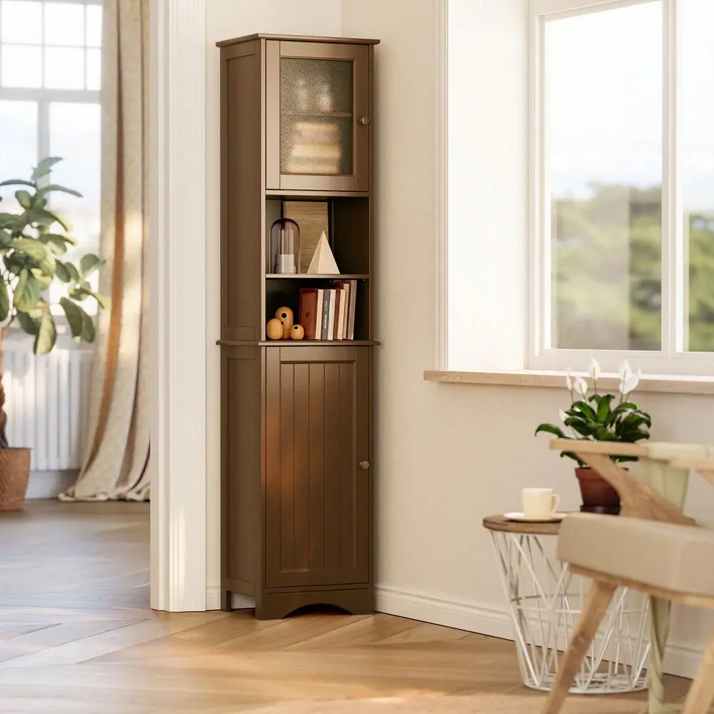 

Bathroom Storage Cabinet With Open Shelves Narrow Freestanding Tall Linen Tower With Adjustable Shelves 2 Doors Cabinet