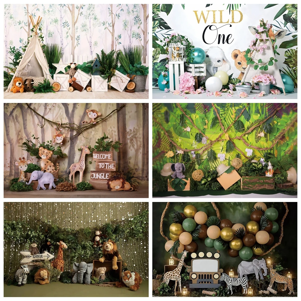 

Wild One Photography Background Safari Jungle Animals Boy 1st Birthday Party Cake Smash Decoratio Backdrop For Photo Studio