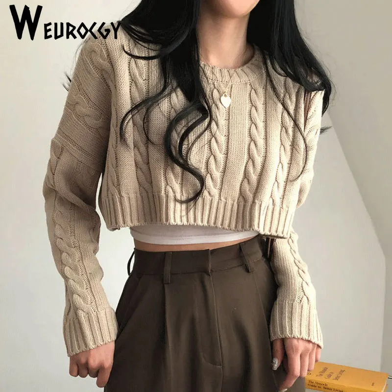 Women Cropped Knitted Sweater 2023 Autumn Winter Fashion Casual Loose Solid Color Round Neck Long Sleeve Pullovers Casual Tops