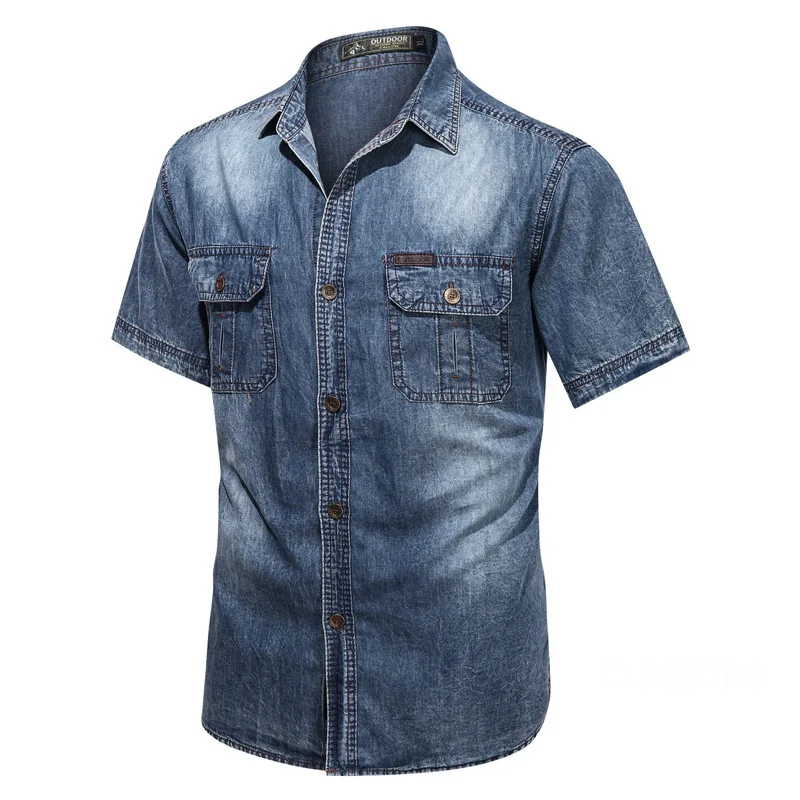 Men Short Sleeve Denim Shirts Multi pockets Tooling Shirts New Summer Blue Jeans Shirts High Quality Men Cotton Casual Shirts 3