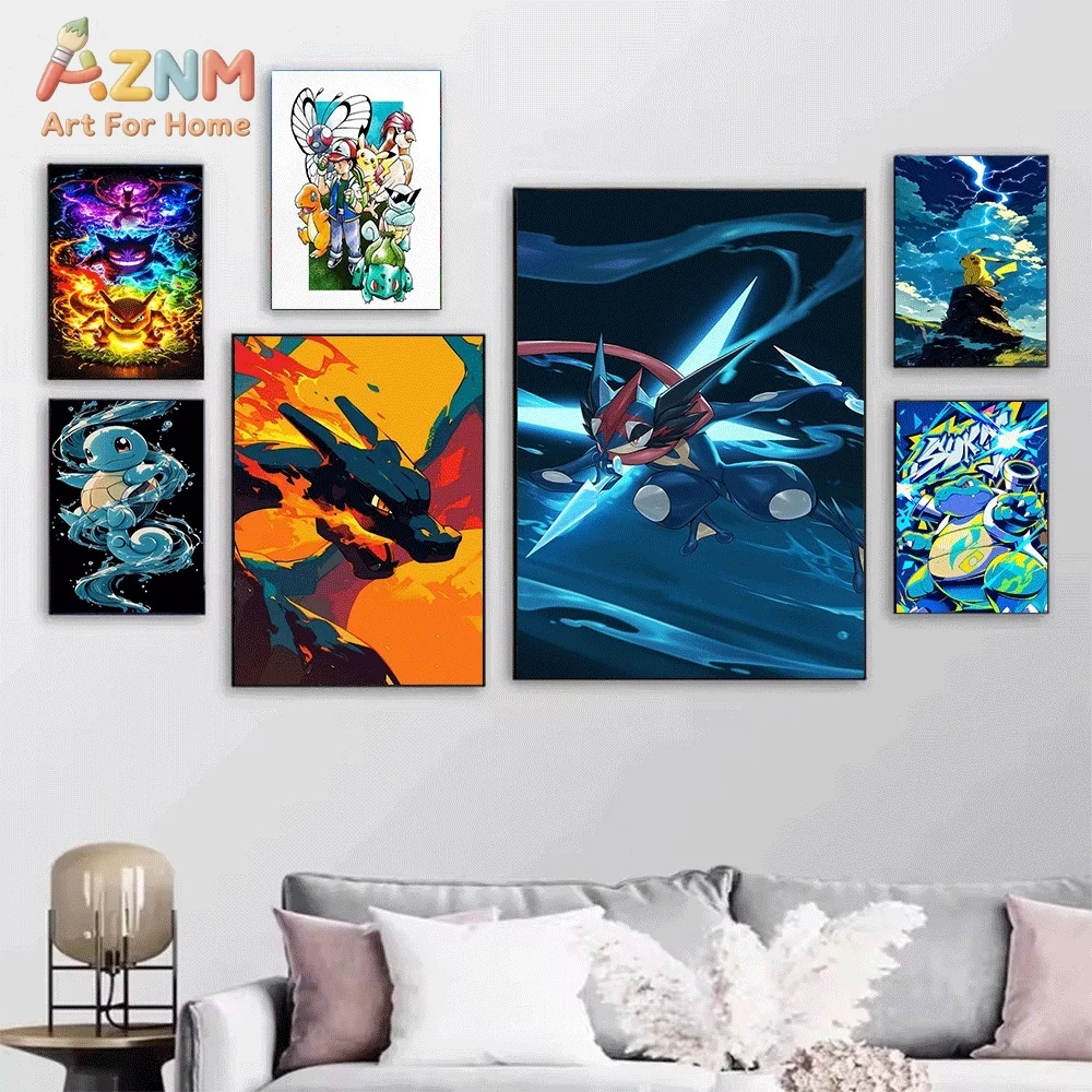 AZNM Charizard Evolution Fire Flame Canvas Wall Print, Pokemon Fire Starter Anime Character Art Poster, Unframed Canvas Painti