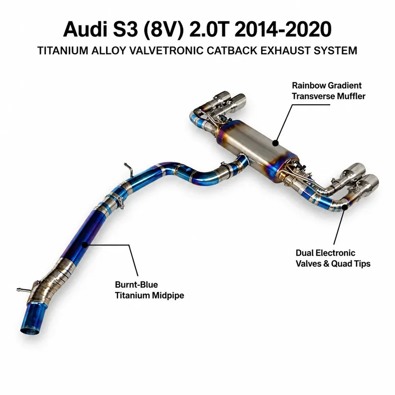 High Performance 1.5mm Thick Mirror Polished Titanium Alloy Cat Back for Audi S3 8V 2014-2020 2.0T Sport Exhaust