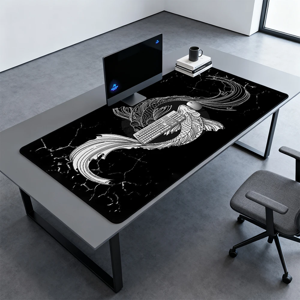 Fish Mouse Pad Koi Deskmat 1200x600 Mousepad Xxxl Japan Pc Mats Black White Gaming Room Decoration Carpet Desktop Accessories