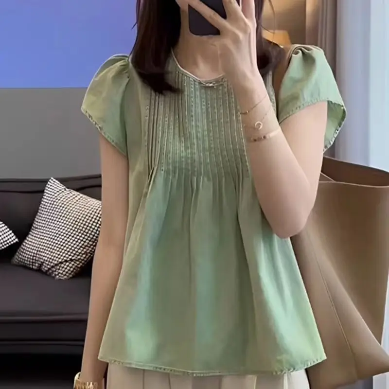 Solid Color Vintage Pullover Women's Flying Round Neck Folds Short Sleeve T-shirt Summer Office Lady Clothing Preppy Style Tops