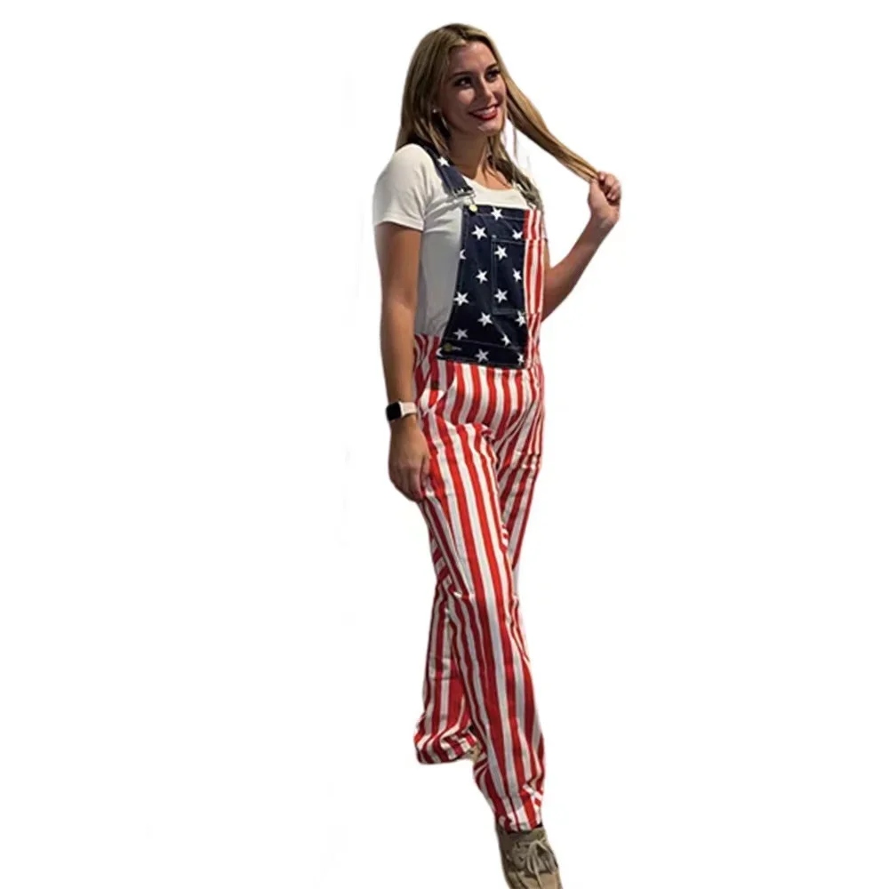 2026 New Mens Jeans Overalls American Independence Day Flag Couple Suspenders Cargo Trousers Women Jumpsuit view 6