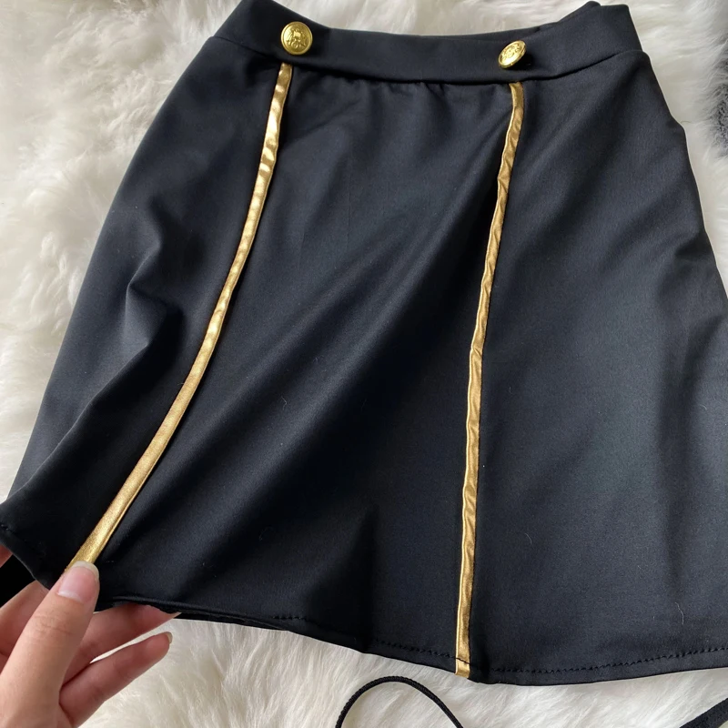 Women Officer Cosplay Lace Patchwork Hollowed Out Gold Border Crop Top With Gold Border Buttons A-line Mini Skirt Sexy Lingerie