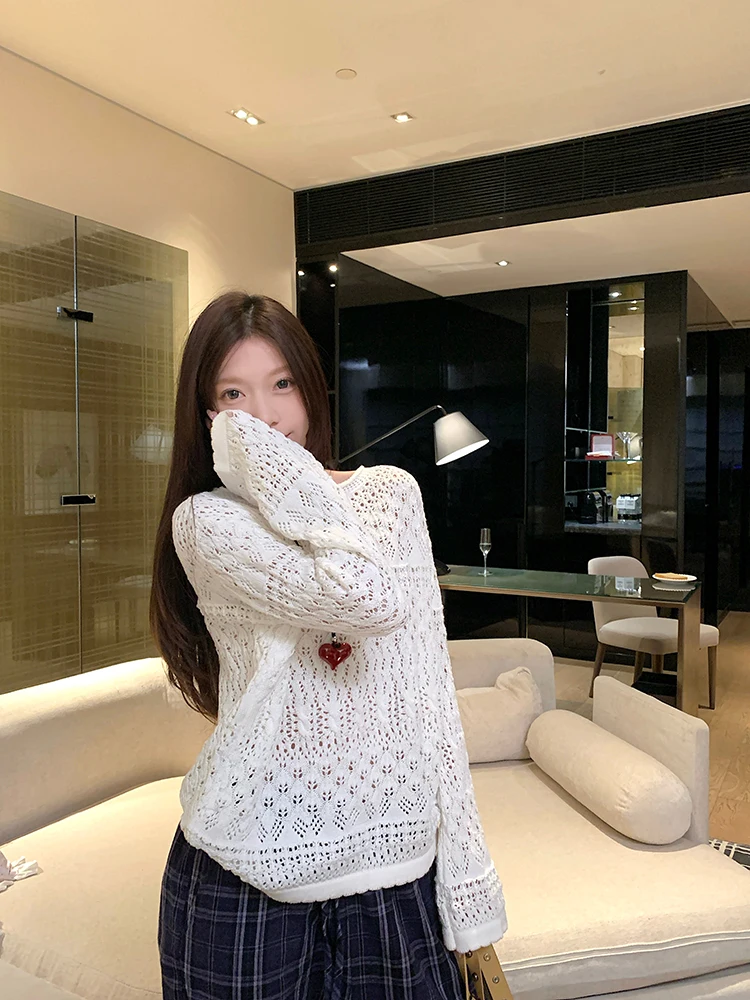 MosesQueen French Style Knitted Long Sleeve Hollow out Shoulder Top Loose Fit Transparent Women's Sweater Autumn Season