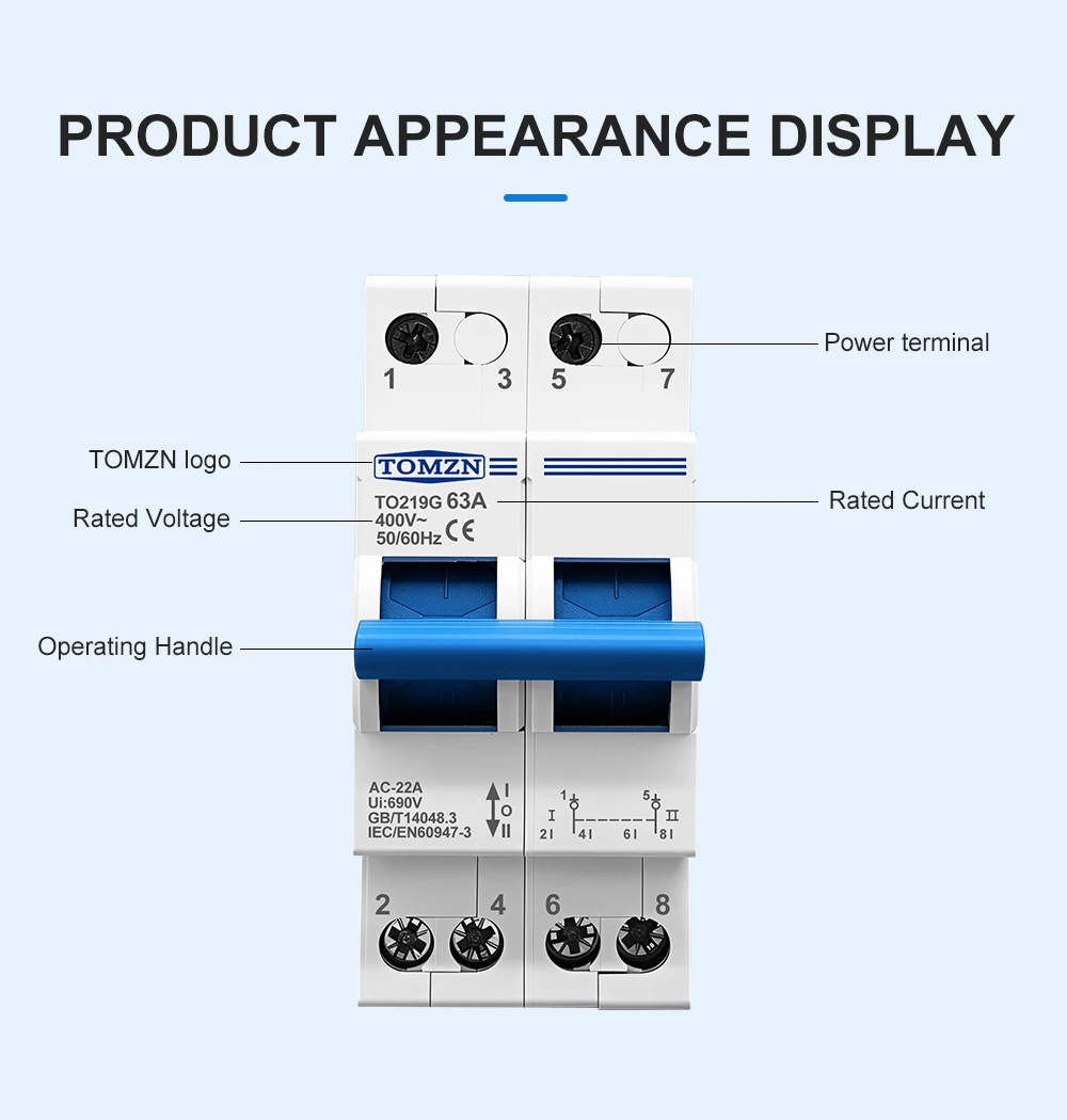 TOMZN 2P 63A MTS Manueller Doppelstrom-Umschalter mit Verriegelung und Leistungsschalter – Detail 9