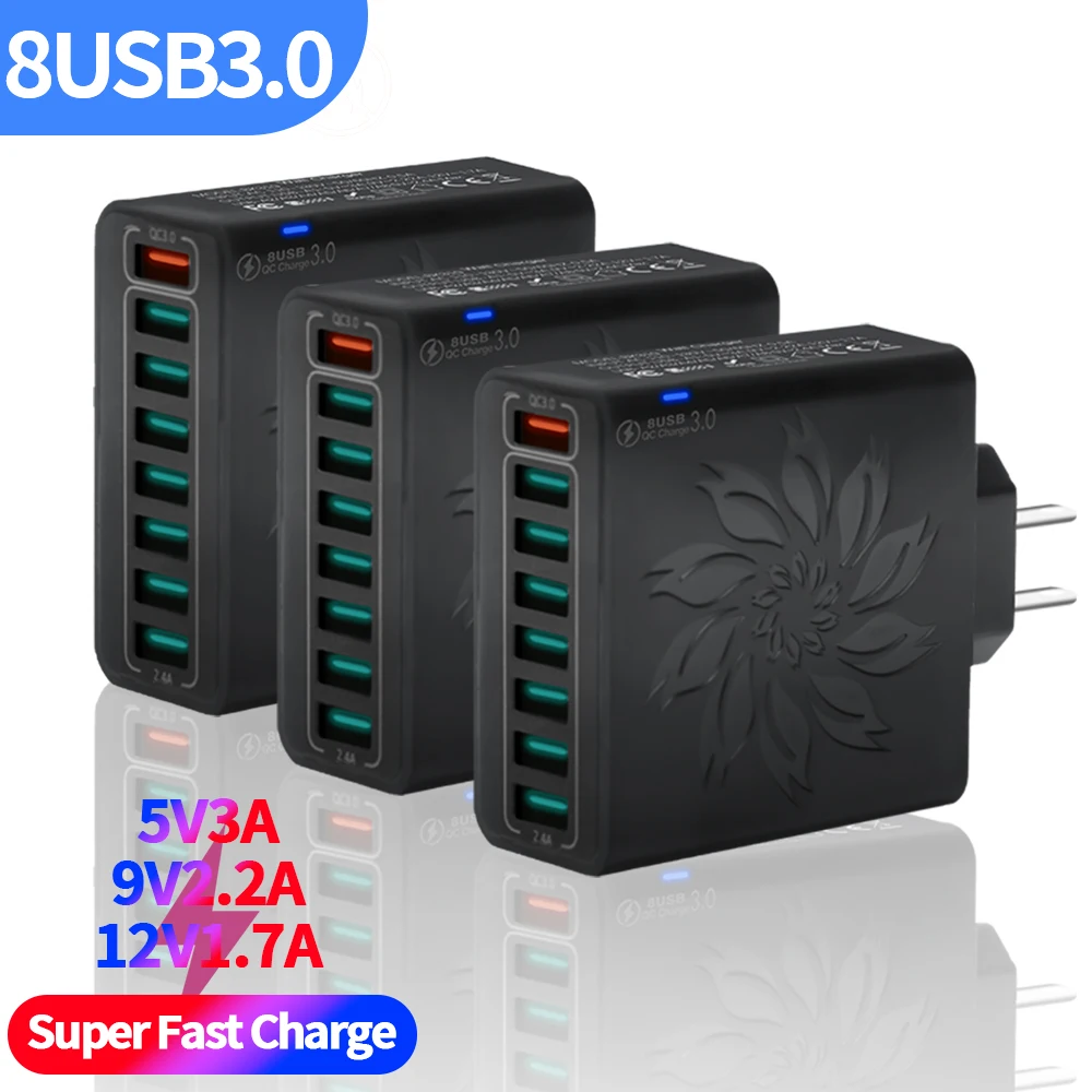 USB3.0 Type C Charger 65W 8 Port PD EU/US/KR Plug Wall Chargers 3D Flower Fast Charging Adapter For iPhone Samsung Xiaomi Mi