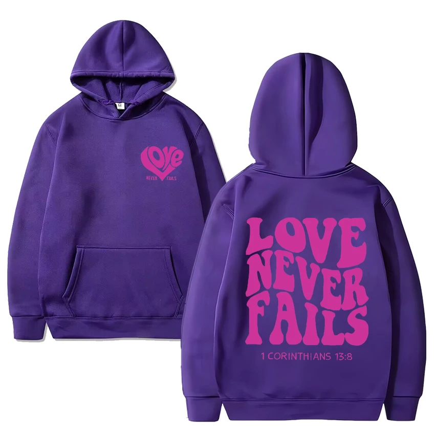 Love Never gagal hoodie kasual Preppy Christian uniseks kualitas tinggi atasan 2024 diskon besar pullover Pria Wanita dengan Cetak