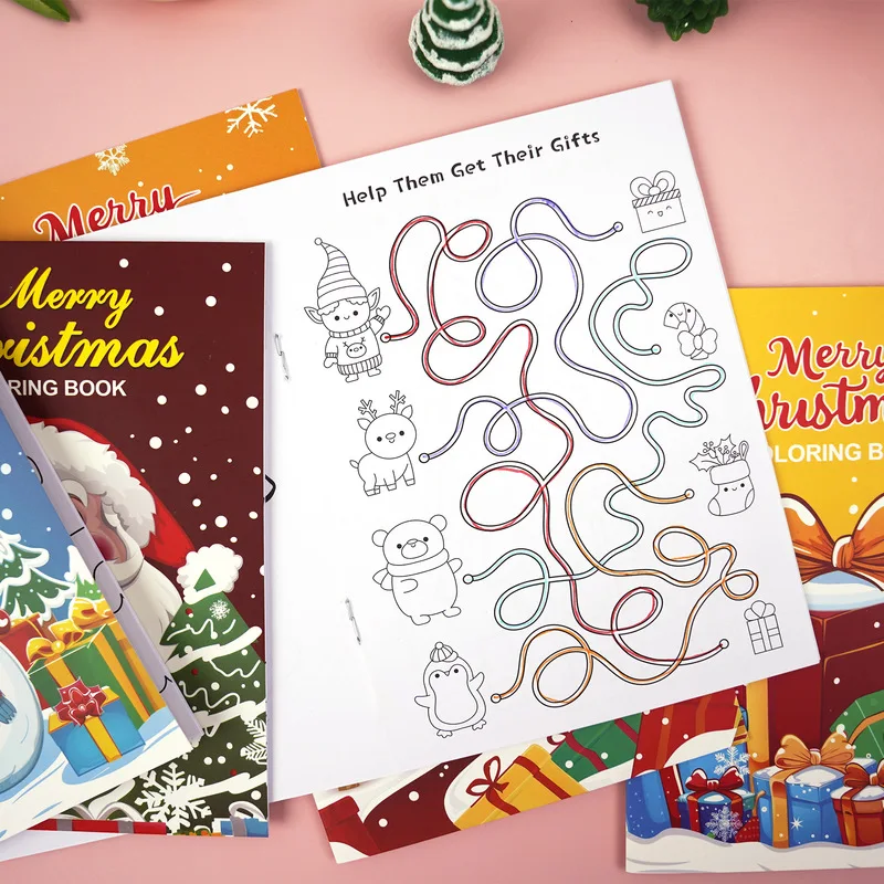 Montesori buku mewarnai Natal 8 buah lucu buku coretan permainan gambar mainan pendidikan dini untuk anak-anak hadiah tema Natal