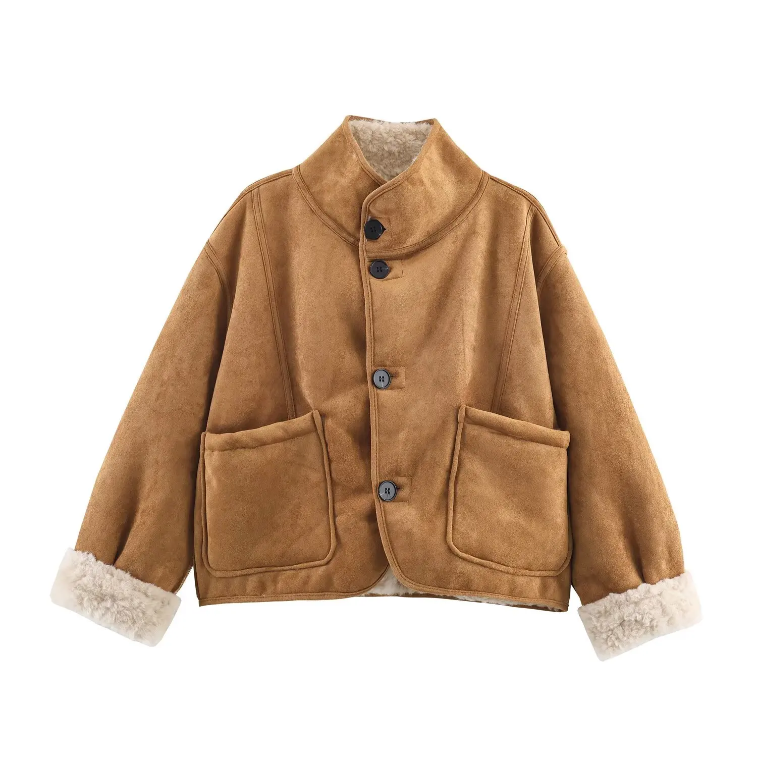 Women's Coat 2026 Fall/Winter New Casual Fashion Retro Long-Sleeve Stand Collar Reversible Fleece-Lined Short Jacket