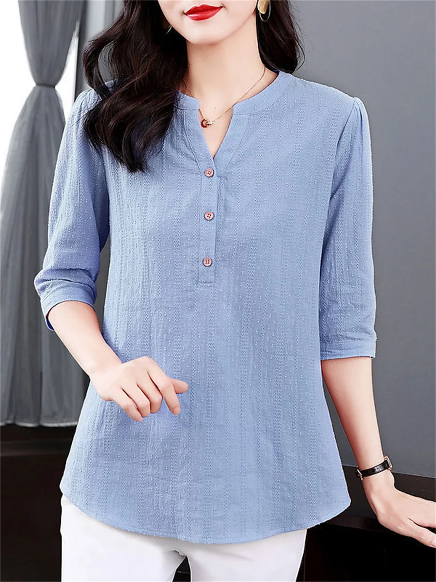 5XL Women Spring Summer Blouses Shirts Lady Fashion Casual Half Sleeve V-Neck Collar Solid Color Blusas Tops TT2340