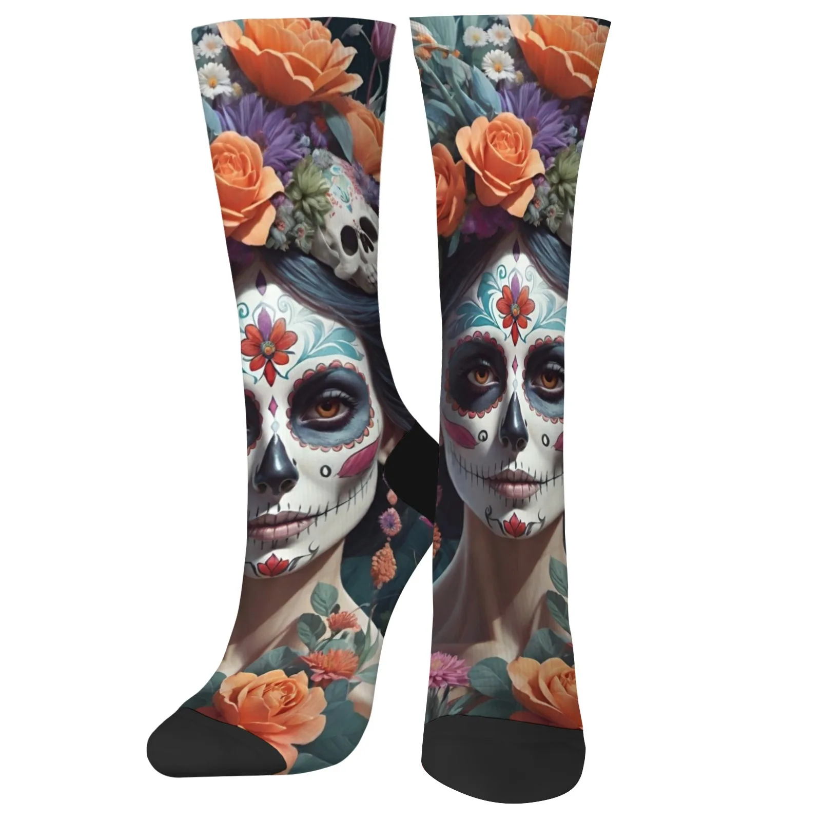 

Day of the Dead Skull & Flower Crew Socks - Novelty Artistic Print Unisex Soft Comfortable Breathable for Daily Wear & Gift