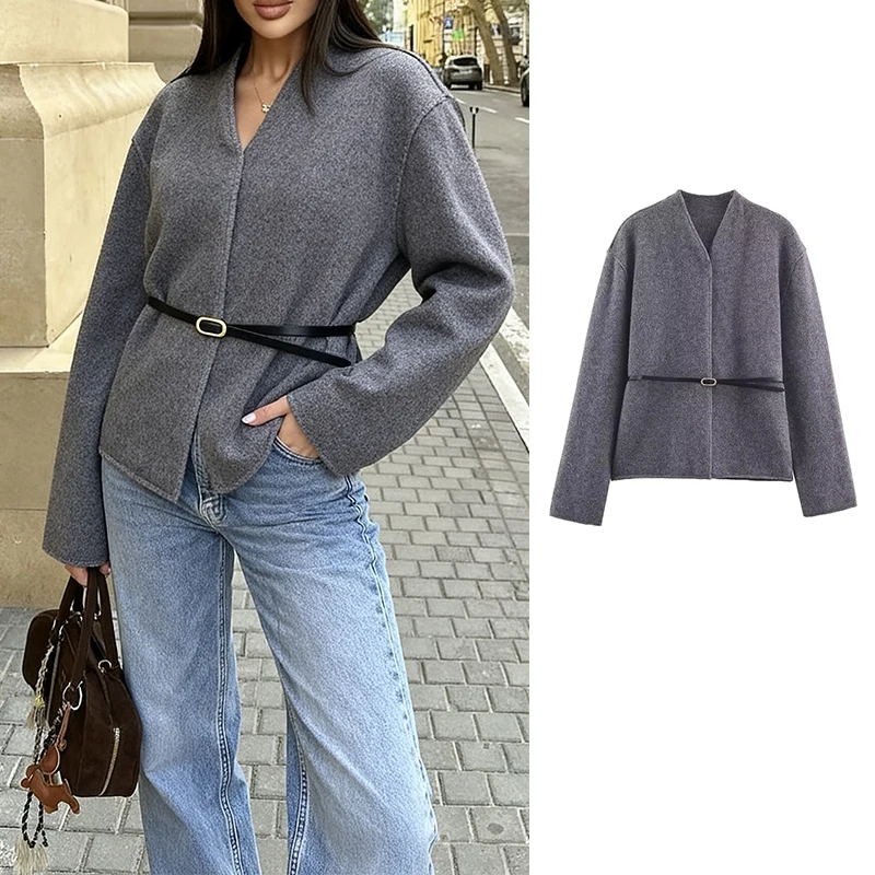 

Women's Wool Coat 2025 New Women Fashion Long Sleeve V-Neck With Belt Jackets Women Autumn Winter High Street Short Coats