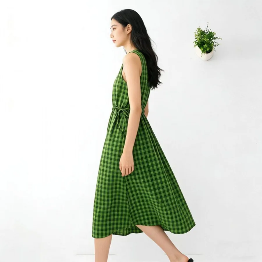 

【New style】Sweet wind sleeveless high-collar plaid draw rope waist high waist long skirt velvet casual women's summer dress