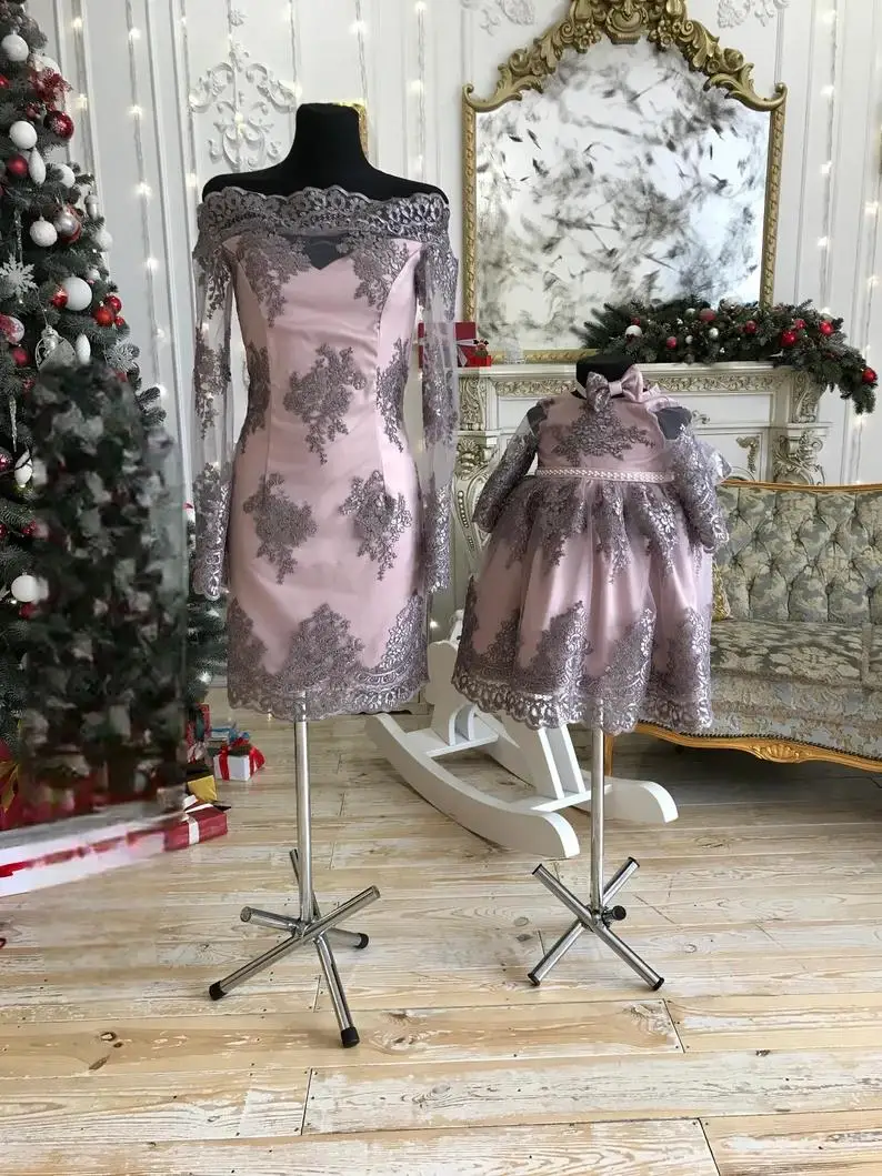 Mommy And Me Outfits Mother Daughter Matching Dresses Mother of the Bride Dress Gray Lace Applique Dresses Photoshoot Dresses