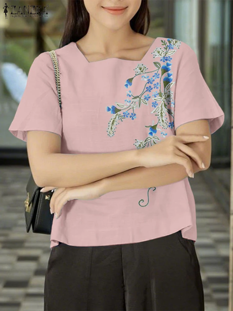 ZANZEA Fashion Summer Women Blouses Vintage Embroidery Shirts 2025 Tunic Tops Casual Loose Square Collar Short Sleeve OL Blusas