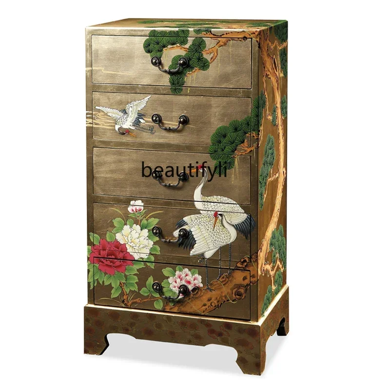 

New Chinese gold foil painted crane chest storage cabinet solid wood sofa side cabinet